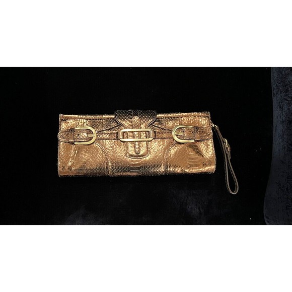 Jimmy Choo Tulita Clutch Bronze Brown Wristlet Gold Buckle Hardware Zip Closure - Picture 3 of 16